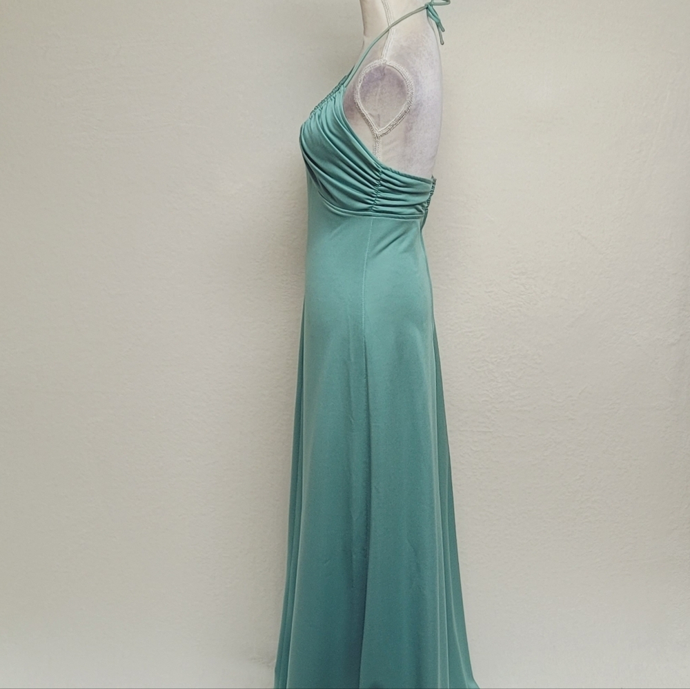 Infinity Vintage 60s Seafoam Green Stretchy Fabric Low Back Halter Maxi Dress - Picture 5 of 11
